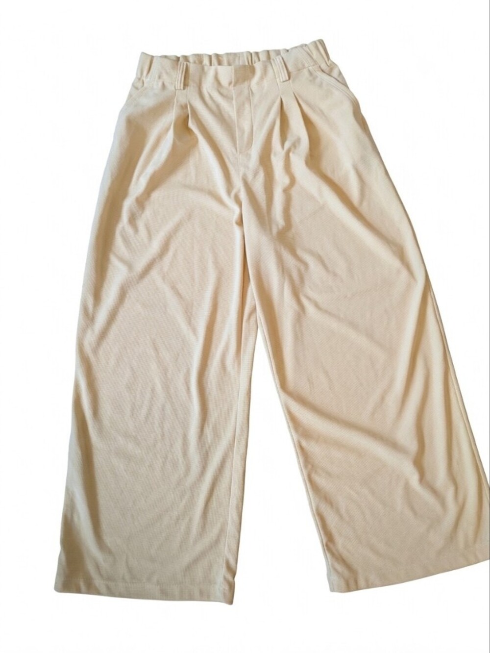 Halara Flex Waffle Pleated Wide Leg Work Pants Large Yellow Cream High Rise Luxe